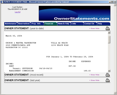 sample screen showing an owner year to date statement